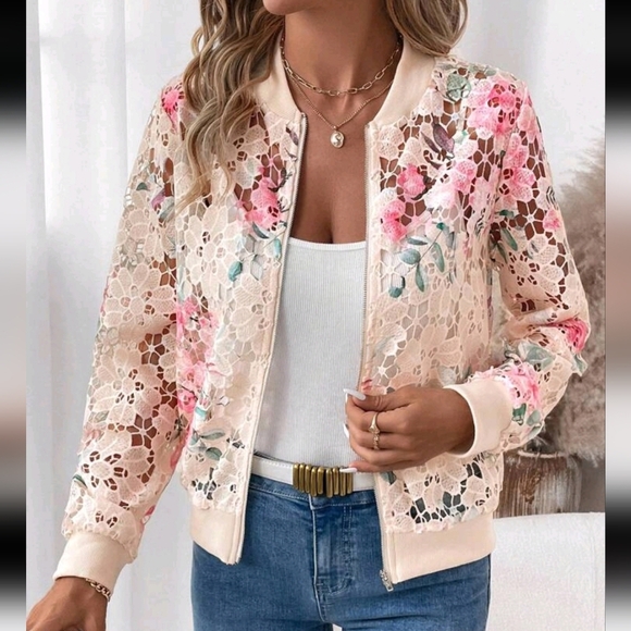 Floral Lace Bomber Jacket - Pink and Cream - Picture 3 of 5